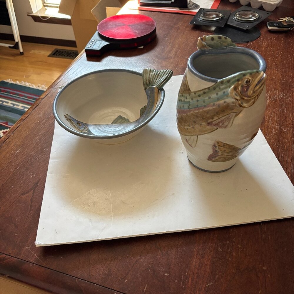 Allen Williams Studio Art Pottery Trout Fish Bowl & Vase Signed Rare
